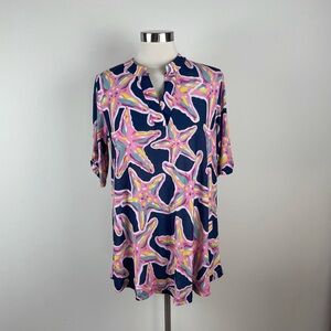 Simply Southern Pink Navy Blue Yellow Starfish Beach Short Sleeve Top Medium